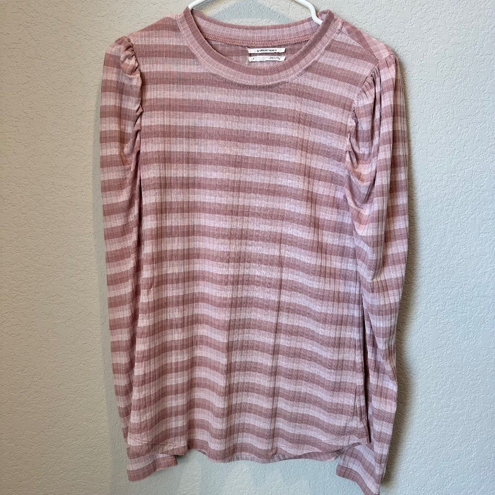 Anthropologie Pink Striped Ribbed Crew Neck Puff Shoulder Gold Detail Top Size S